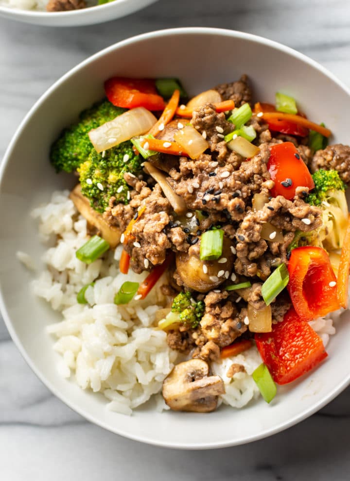 easy ground beef stir fry close-up in a white bowl