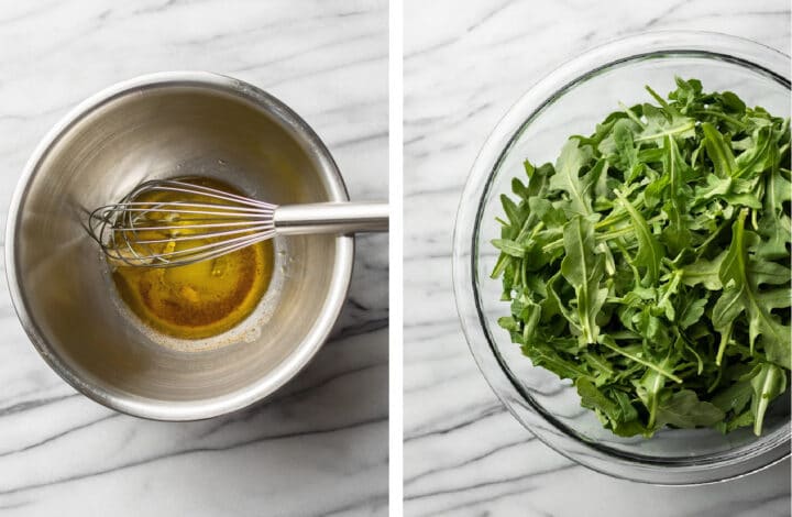 whisking vinaigrette dressing for arugula salad in a bowl