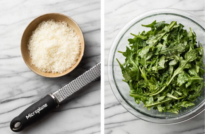 freshly grated parmesan in a small bowl next to arugula salad