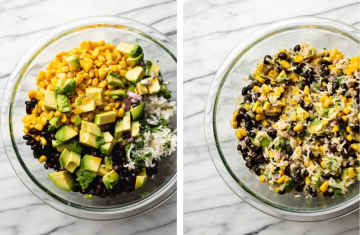 adding ingredients to a glass bowl for black bean salad