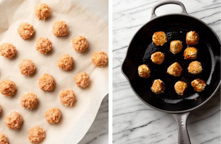 buffalo chicken meatballs before and after pan frying