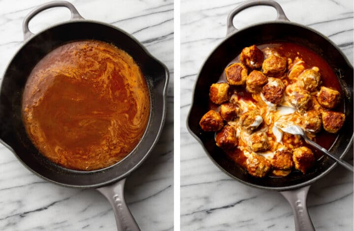 making creamy sauce in a skillet for buffalo chicken meatballs