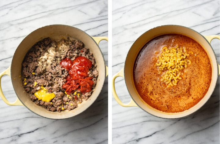 adding seasonings and pasta into a pot for cheeseburger macaroni