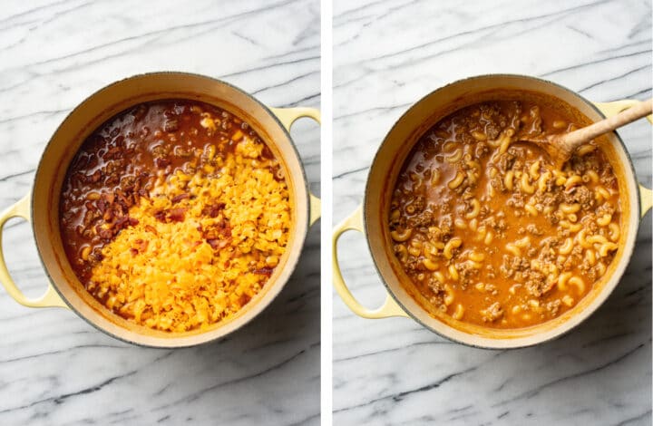 adding cheddar cheese into a pot of cheeseburger macaroni