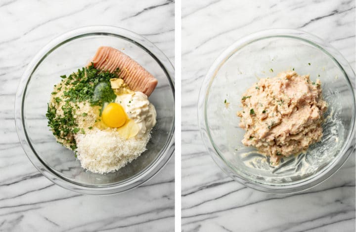 ingredients in a glass mixing bowl for making chicken patties