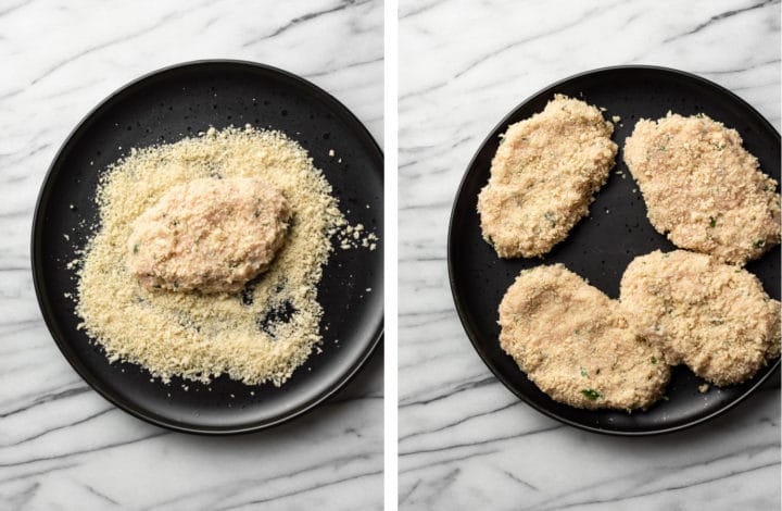 forming chicken patties and coating them in panko breadcrumbs