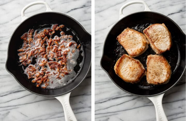 `frying bacon and pan searing pork chops in a cast iron skillet