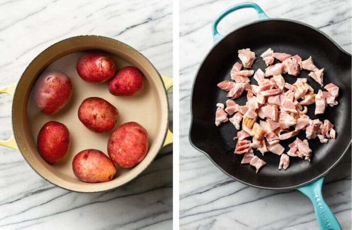 boiling potatoes and frying bacon for german potato salad