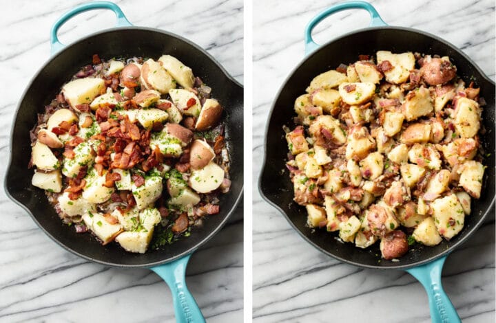 adding potatoes to skillet for german potato salad