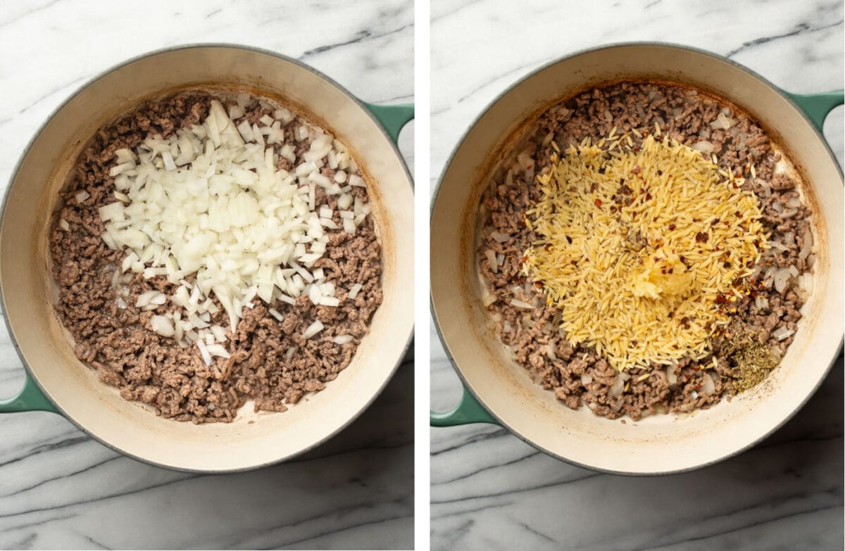 sauteing ground beef in a soup pot and adding onions, orzo, and seasonings