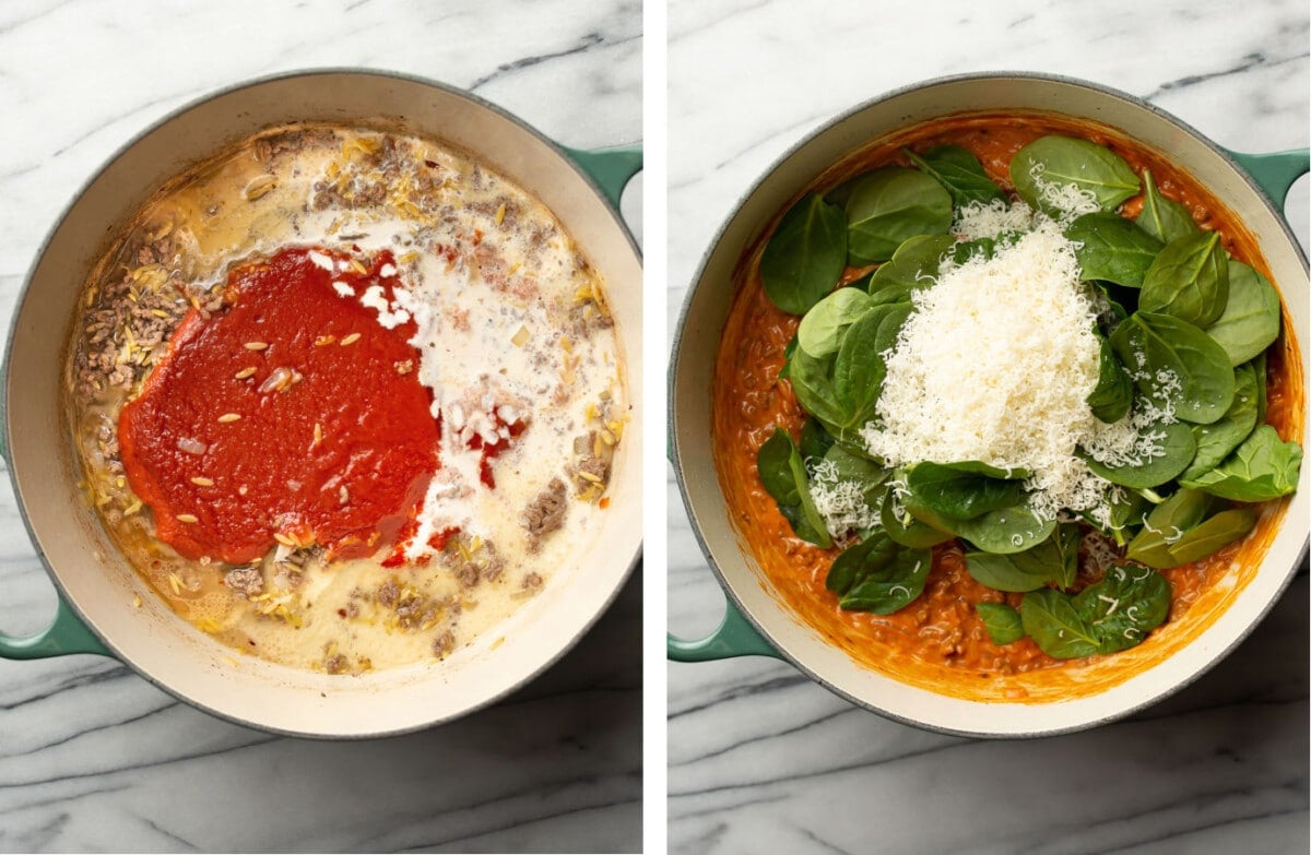 adding tomato sauce, parmesan, and spinach to a pot of ground beef orzo