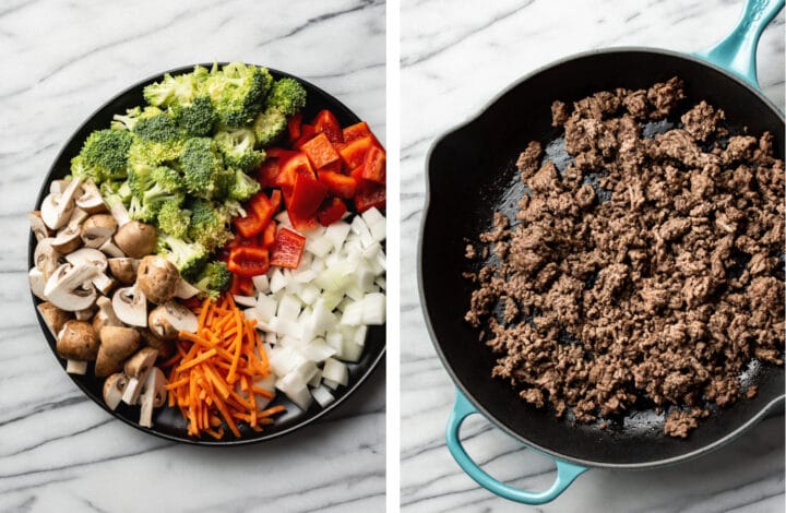 veggies on a plate and a cast iron skillet with ground beef