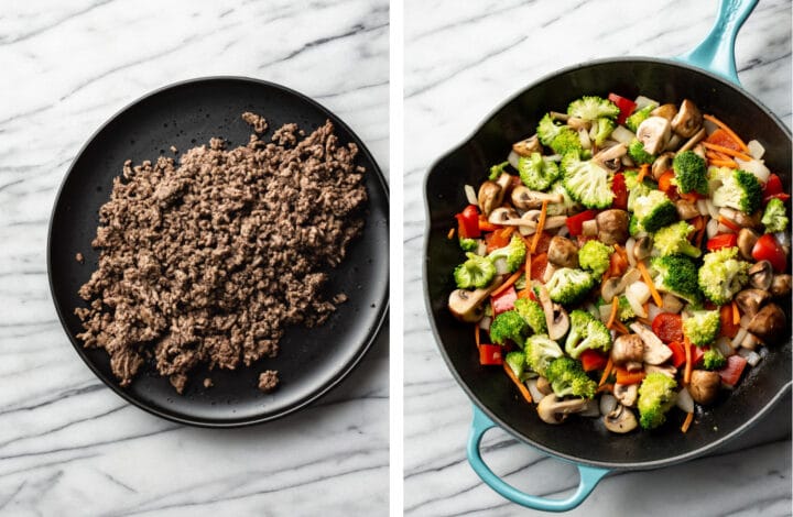 ground beef on a plate and vegetables in a cast iron skillet