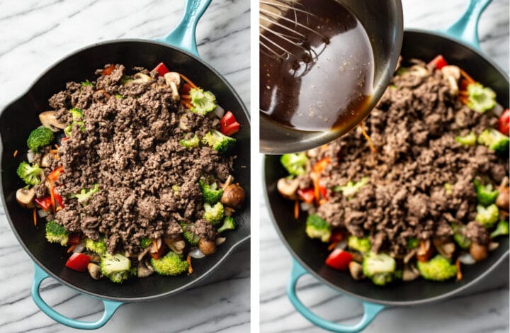 pouring stir fry sauce into a skillet for ground beef stir fry