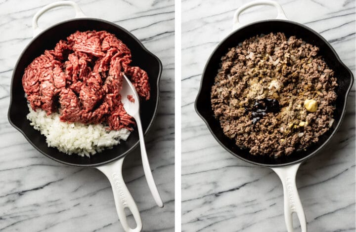 cooking ground beef and onions in a skillet for hamburger gravy