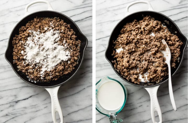 mixing in flour and milk for hamburger gravy