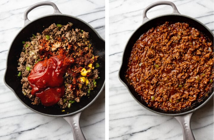 making the sauce for sloppy joes in a skillet