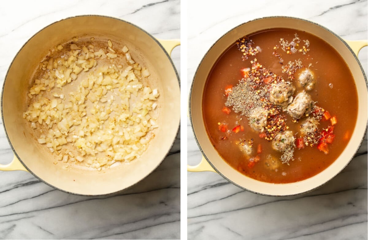 sauteing onion in a soup pot and making the broth for meatball soup