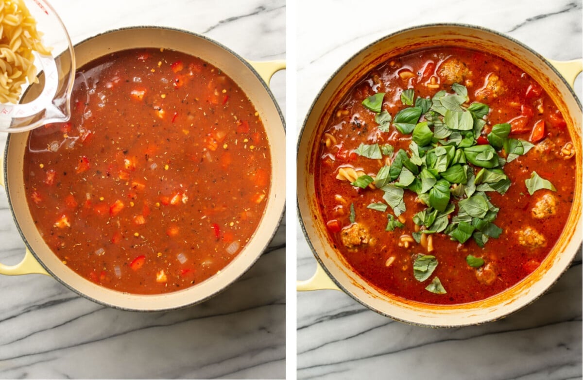 adding pasta and fresh basil to a pot of meatball soup