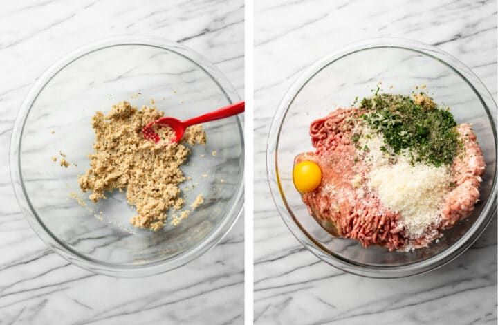 mixing ingredients in a glass bowl for easy meatballs