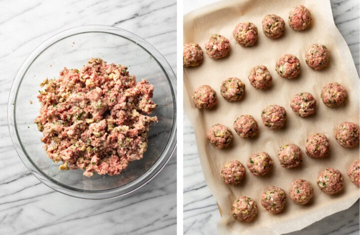 forming meatballs and adding to a baking sheet