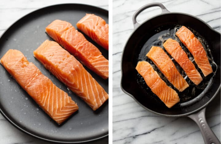 raw salmon being seasoned and added to a skillet