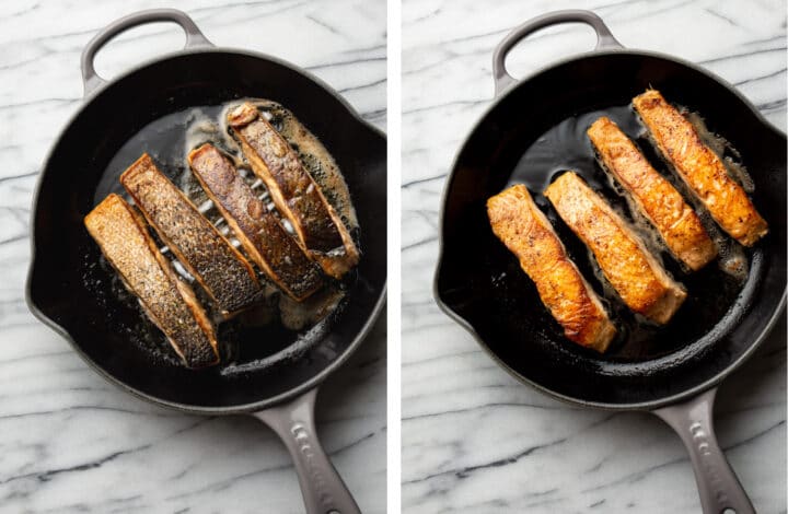 salmon in a skillet before and after being pan seared