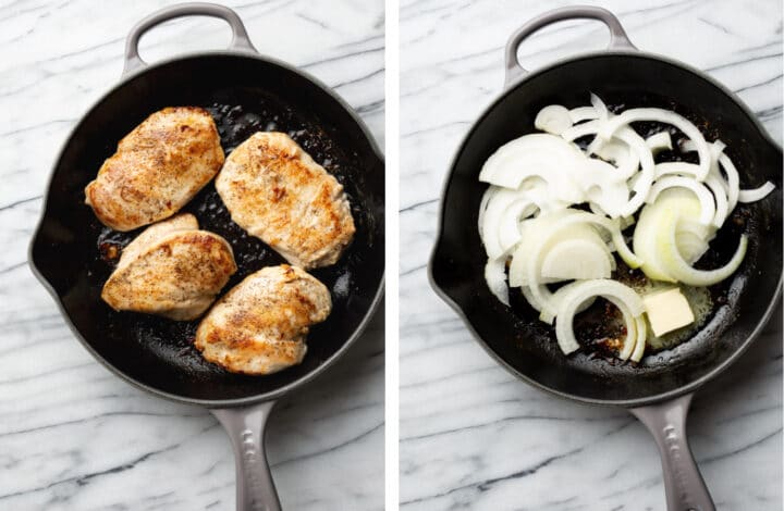 sauteing chicken and onions in a skillet