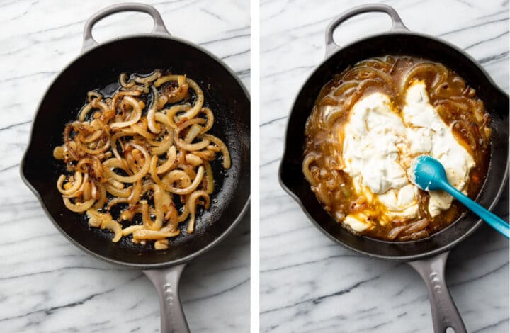 making sour cream and onion sauce in a skillet for chicken