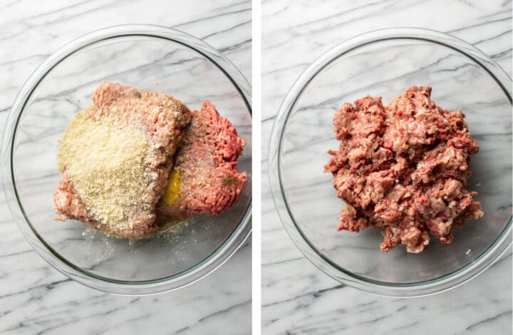 mixing ingredients in a glass bowl to make swedish meatballs