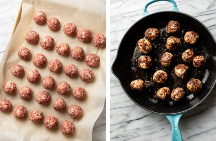 forming swedish meatballs and frying them in a skillet