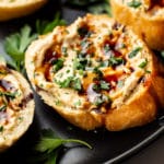 close-up of balsamic glazed hummus crostini