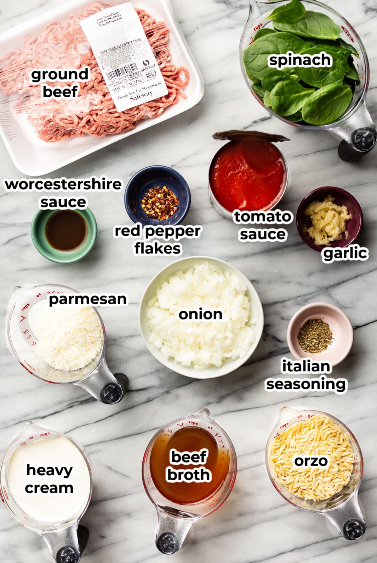 ingredients for ground beef orzo with a tomato sauce