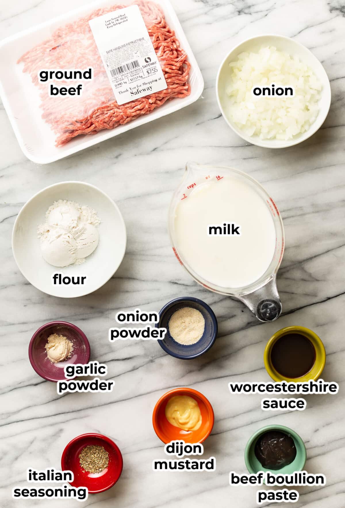 ingredients for hamburger gravy prep bowls