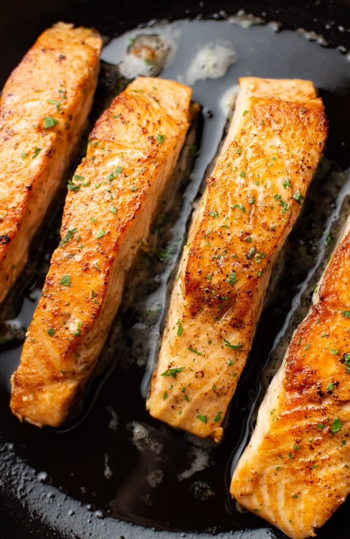 close-up of crispy pan seared salmon