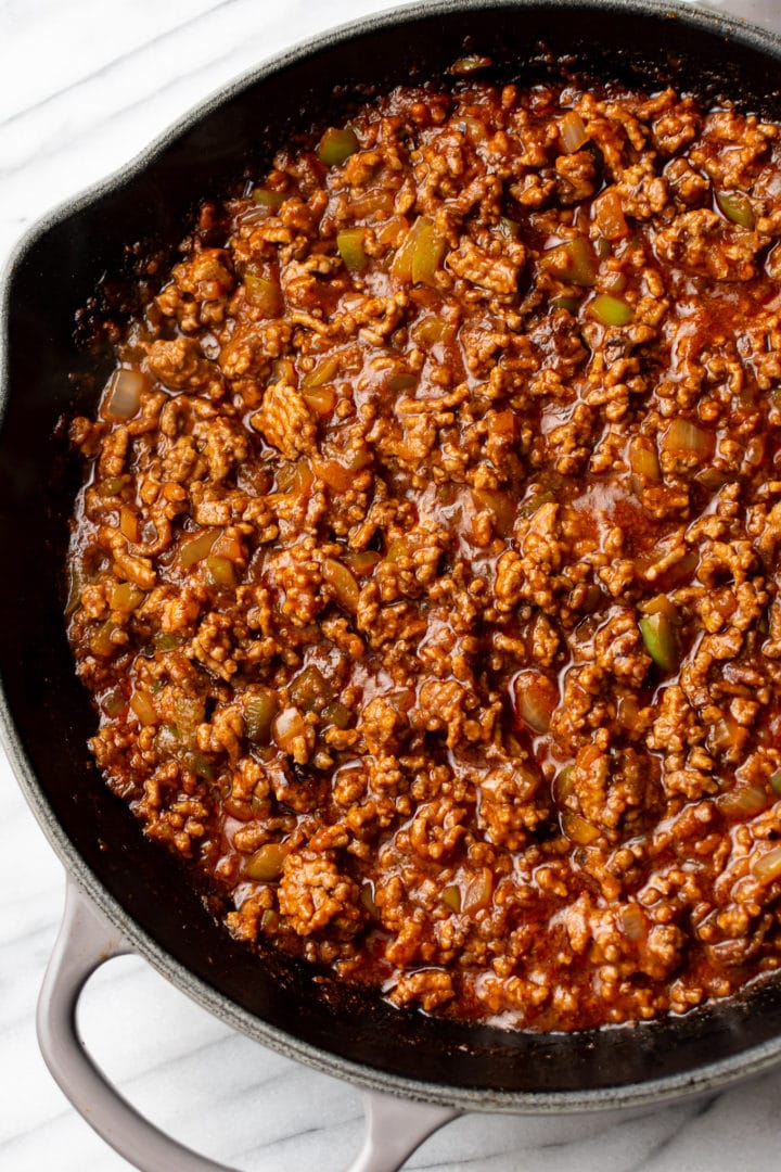 close-up of homemade Sloppy Joe sauce/meat mixture in a skillet