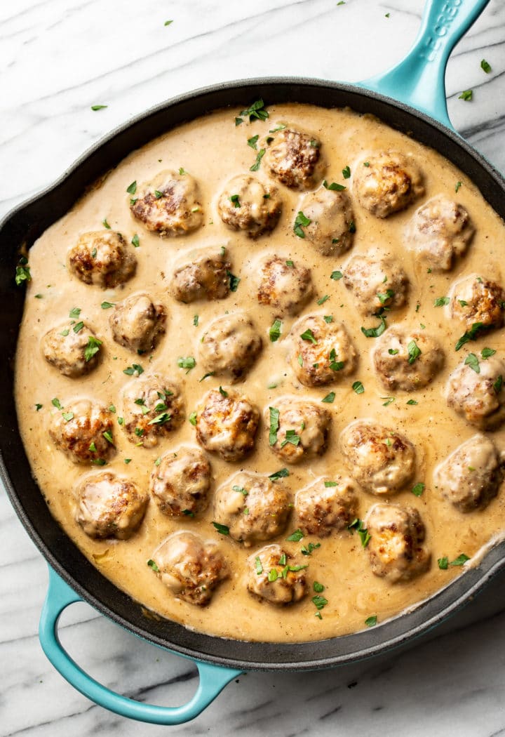 close-up of homemade Swedish meatballs in a skillet