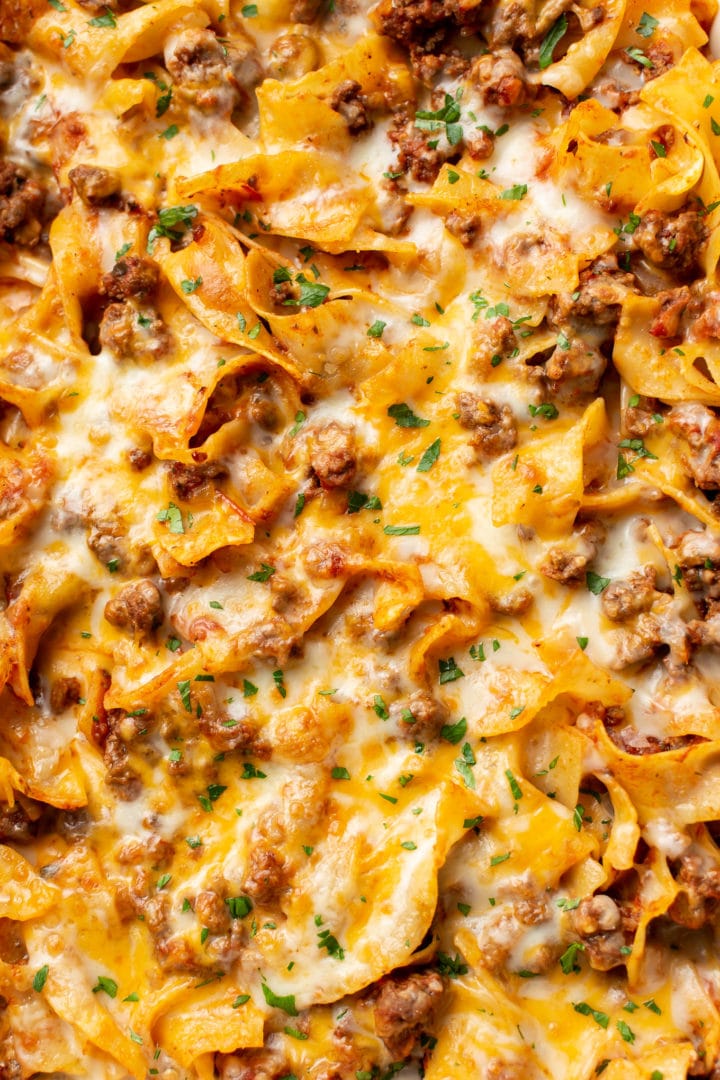 close-up of beef noodle casserole