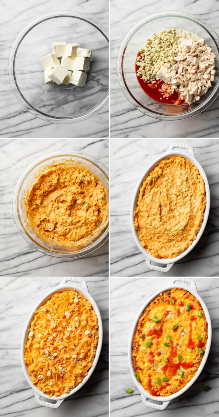 how to make buffalo chicken dip process photo collage