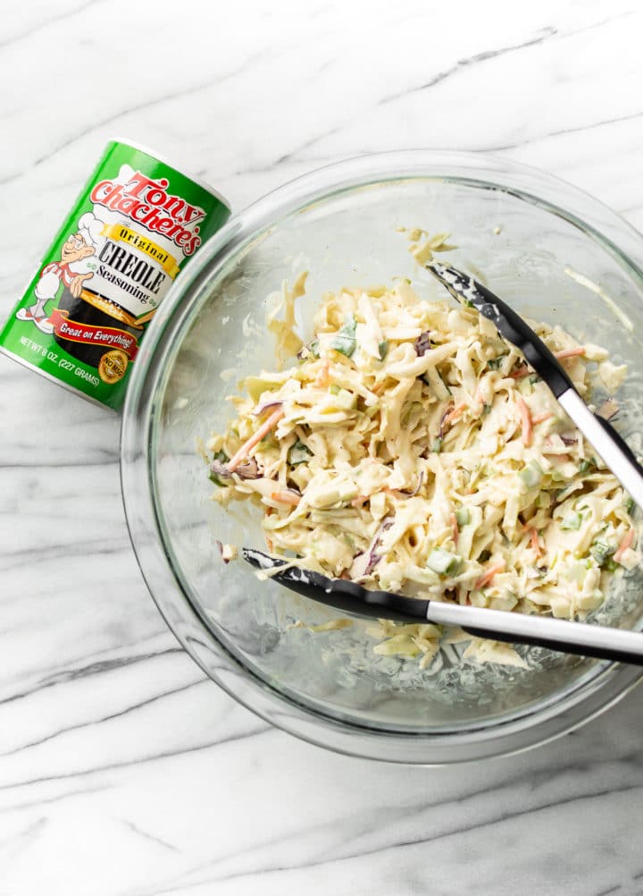 Cajun coleslaw in a glass prep bowl