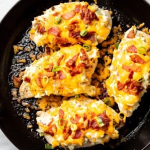 bacon ranch cream cheese chicken in a skillet