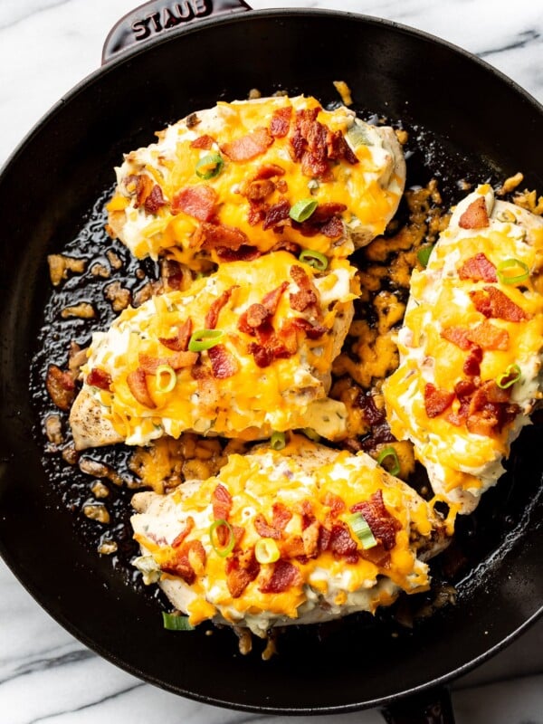 bacon ranch cream cheese chicken in a skillet