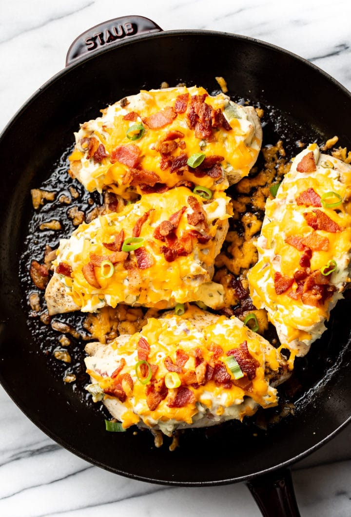 bacon ranch cream cheese chicken in a skillet