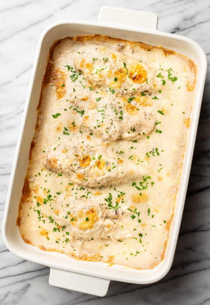 baked cream of mushroom chicken in a 9x13 casserole dish