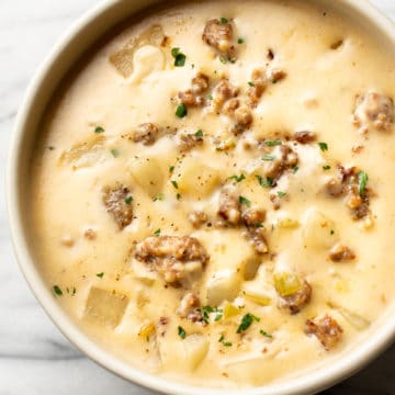 close-up of creamy sausage and potato soup