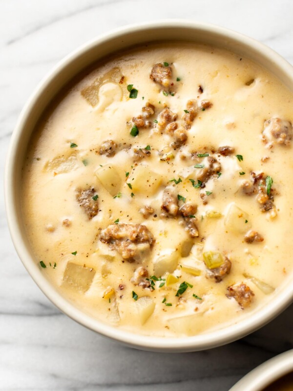 close-up of creamy sausage and potato soup