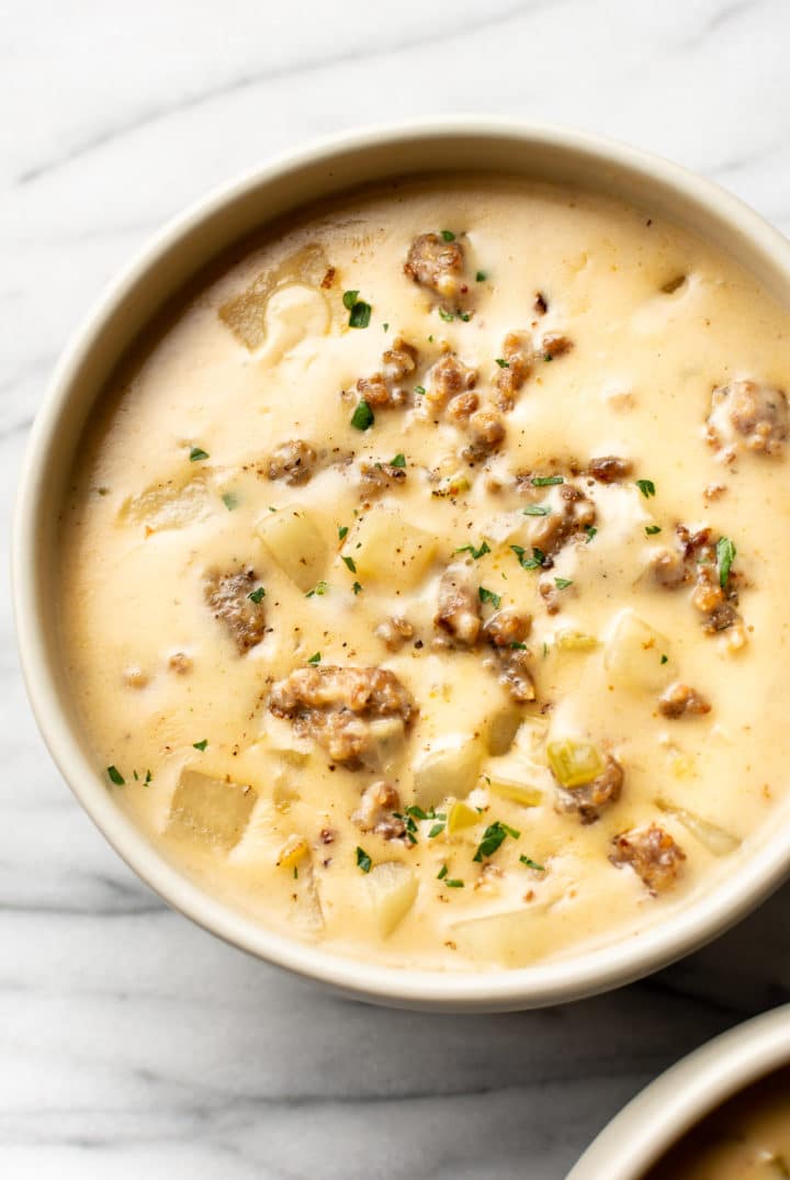 close-up of creamy sausage and potato soup