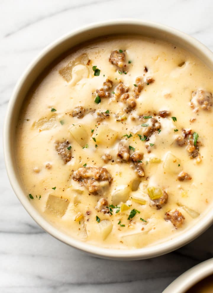 close-up of creamy sausage and potato soup