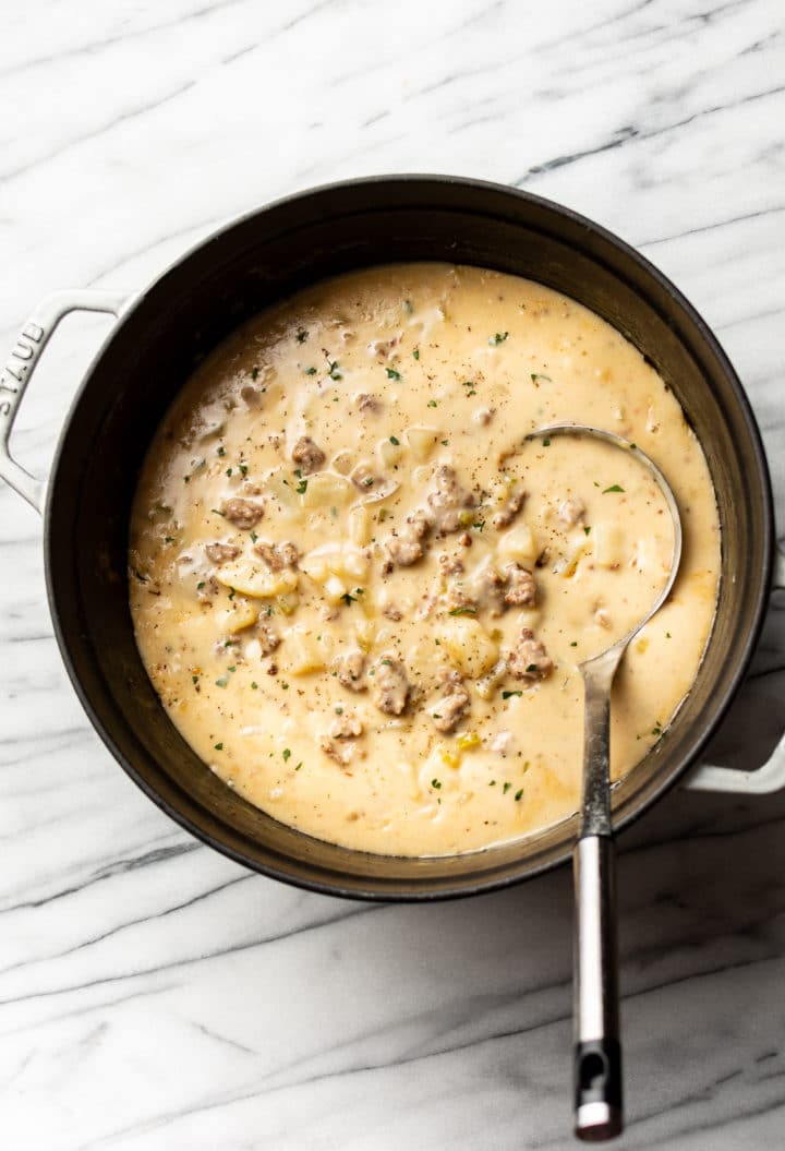 pot of creamy sausage potato soup