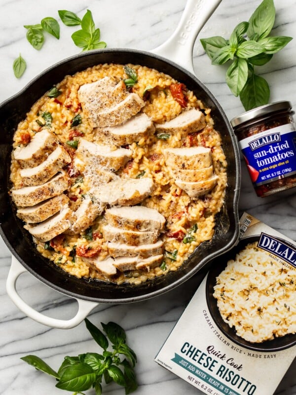 easy risotto skillet pictured with package of DeLallo's Quick Cook Risotto and jar of DeLallo sun-dried tomatoes